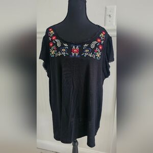 Torrid Black Top with Colorful Embroidery Flutter Sleeve 4X